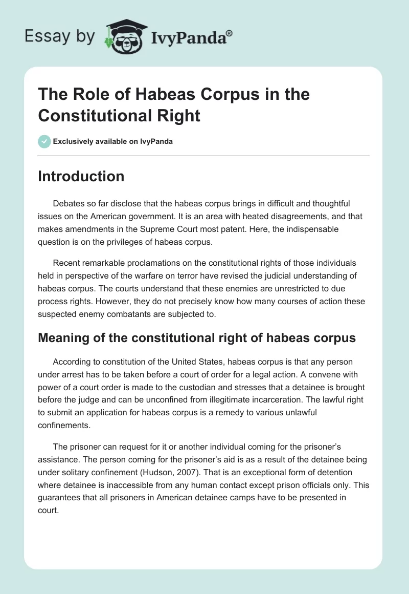 The Role of Habeas Corpus in the Constitutional Right. Page 1