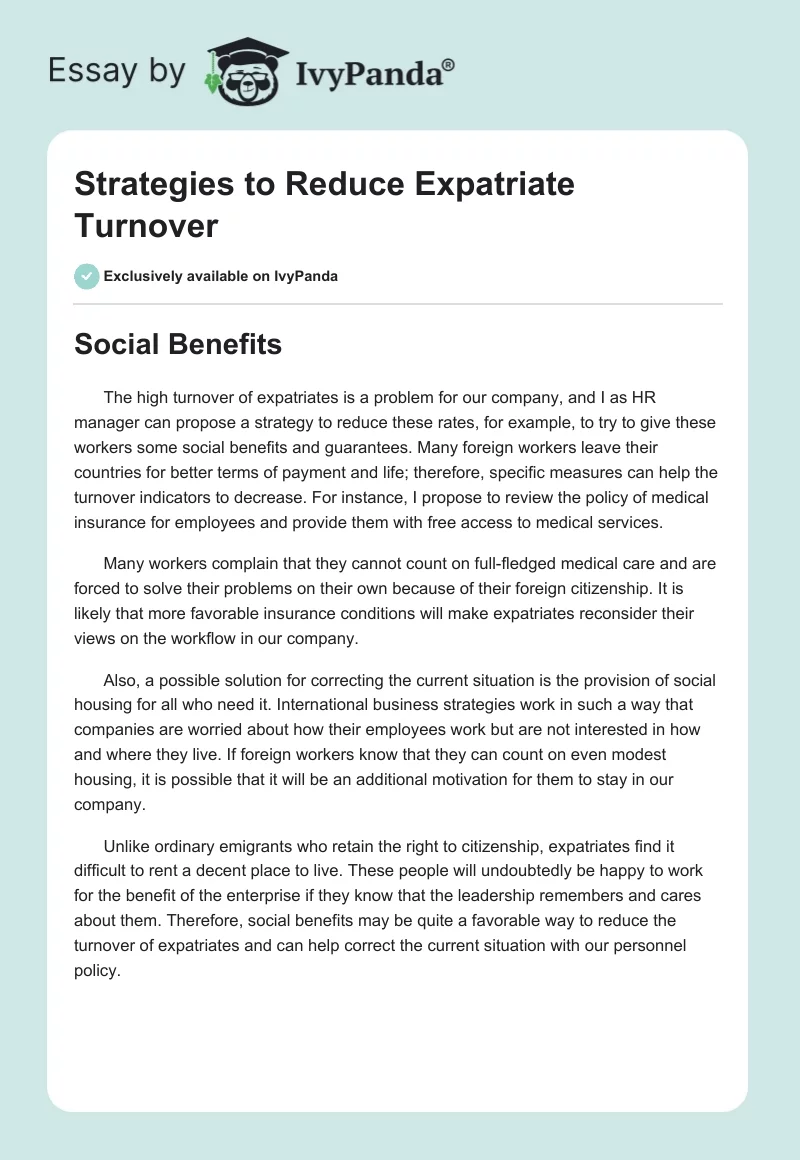 Strategies to Reduce Expatriate Turnover. Page 1