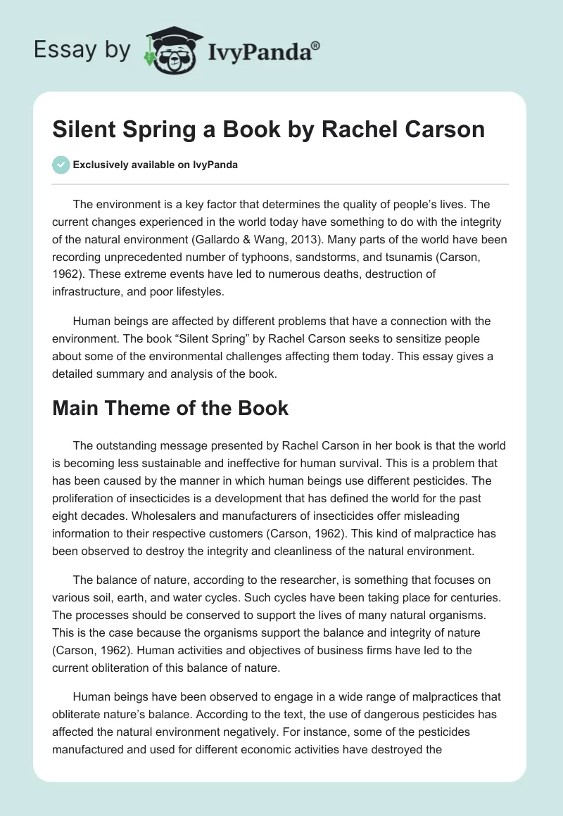 "Silent Spring" a Book by Rachel Carson. Page 1