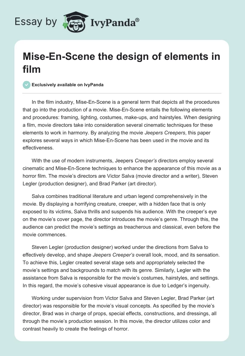 Mise-En-Scene the Design of Elements in Film. Page 1