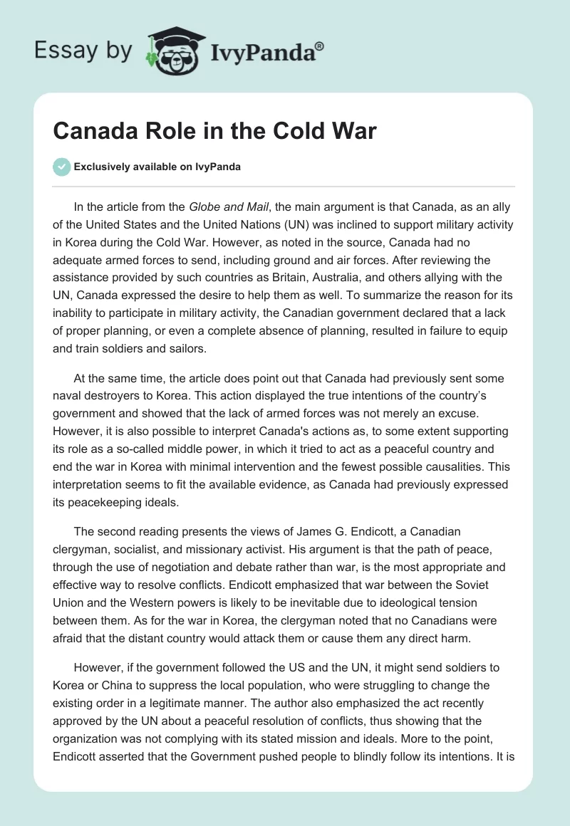 Canada Role in the Cold War. Page 1