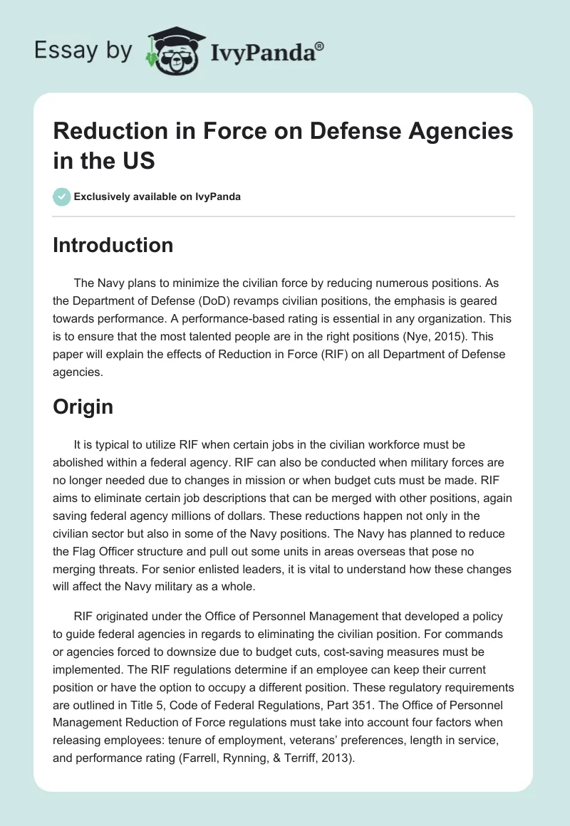 Reduction in Force on Defense Agencies in the US. Page 1