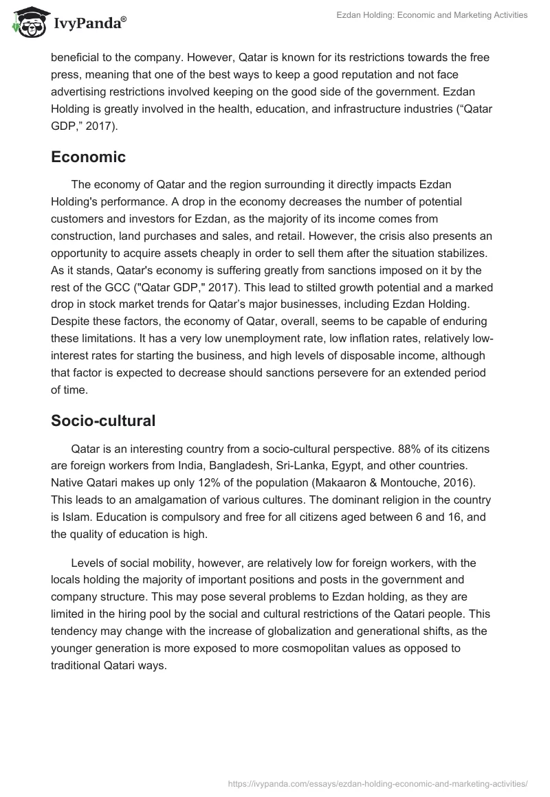 Ezdan Holding: Economic and Marketing Activities. Page 3