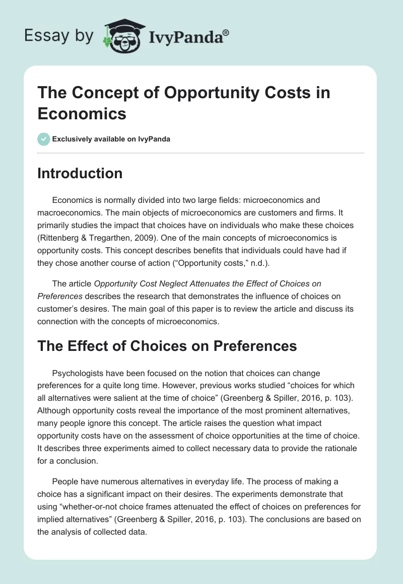 The Concept of Opportunity Costs in Economics. Page 1