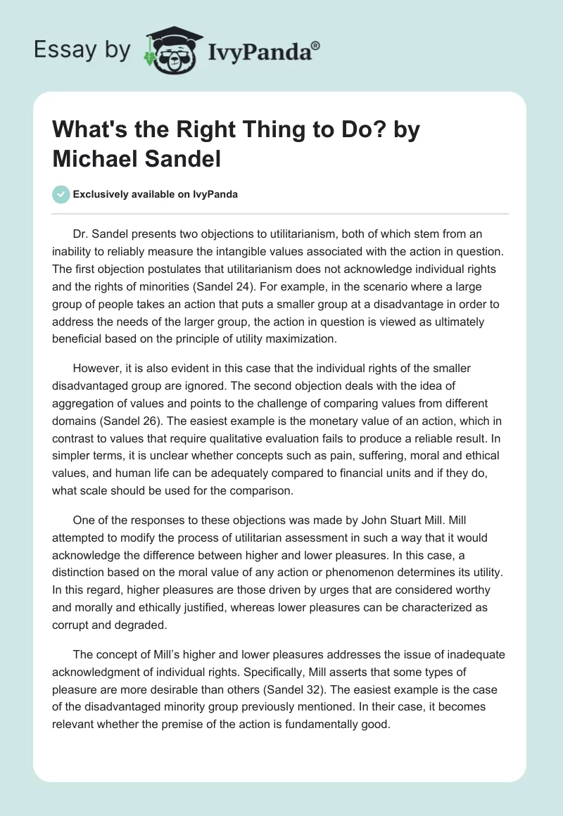 "What's the Right Thing to Do?" by Michael Sandel. Page 1
