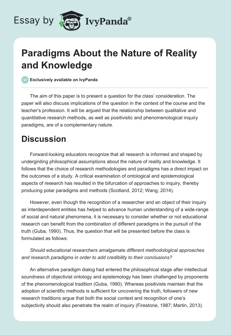 Paradigms About the Nature of Reality and Knowledge. Page 1