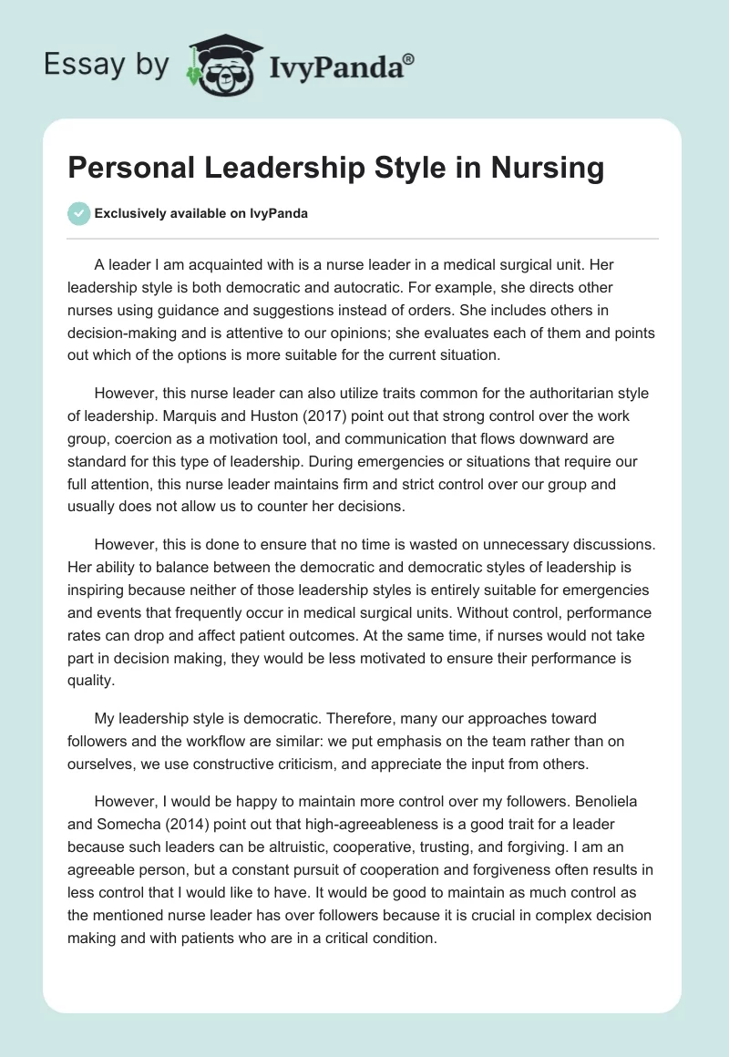 Personal Leadership Style in Nursing. Page 1