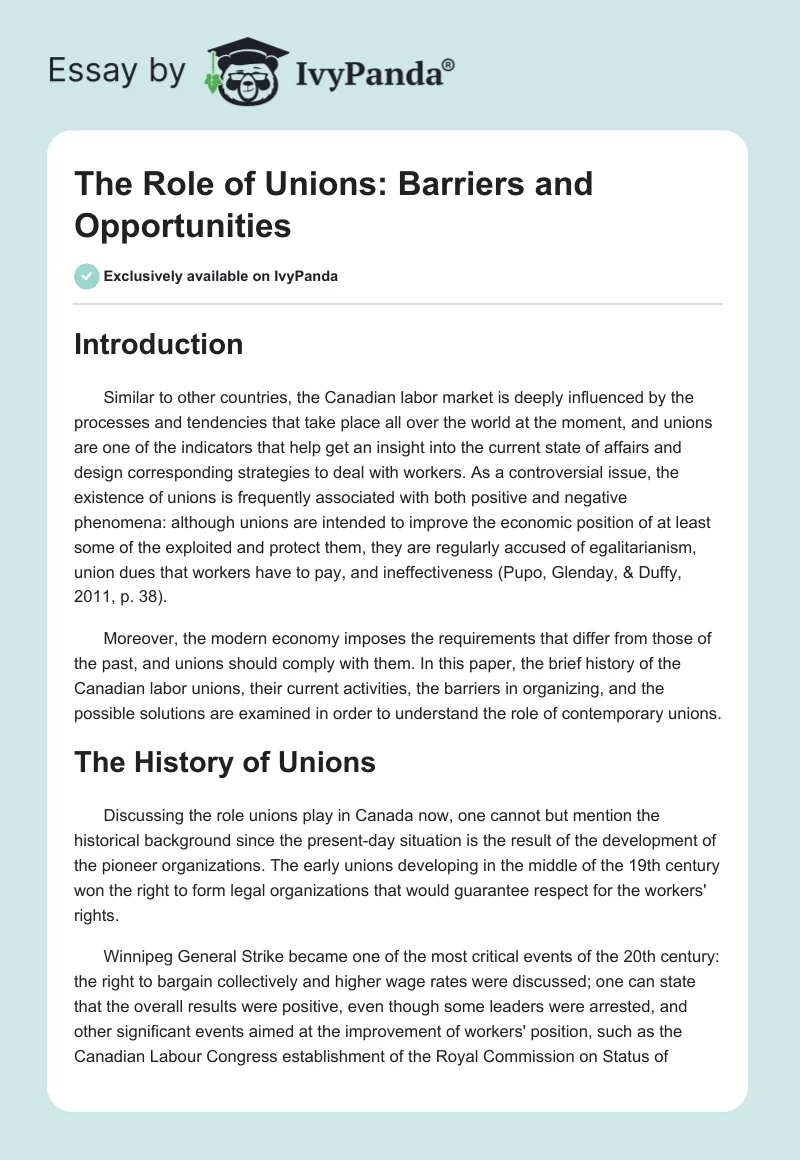 The Role of Unions: Barriers and Opportunities. Page 1