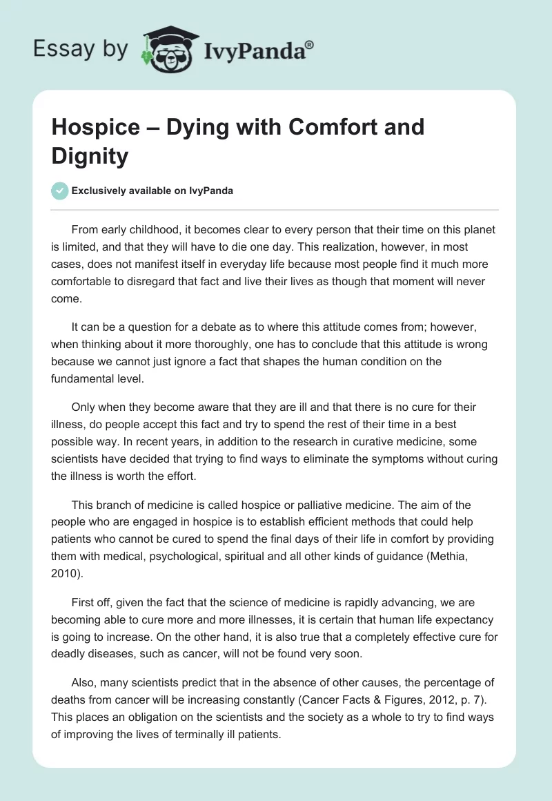 Hospice – Dying with Comfort and Dignity. Page 1