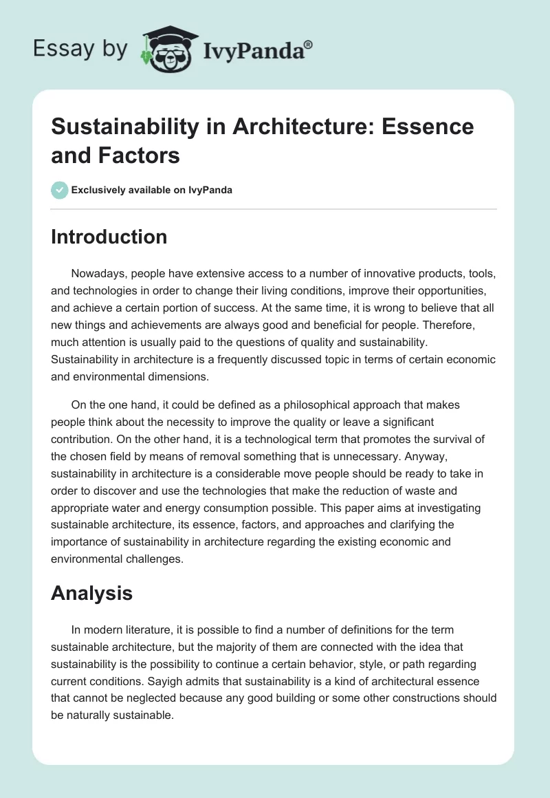 Sustainability in Architecture: Essence and Factors. Page 1