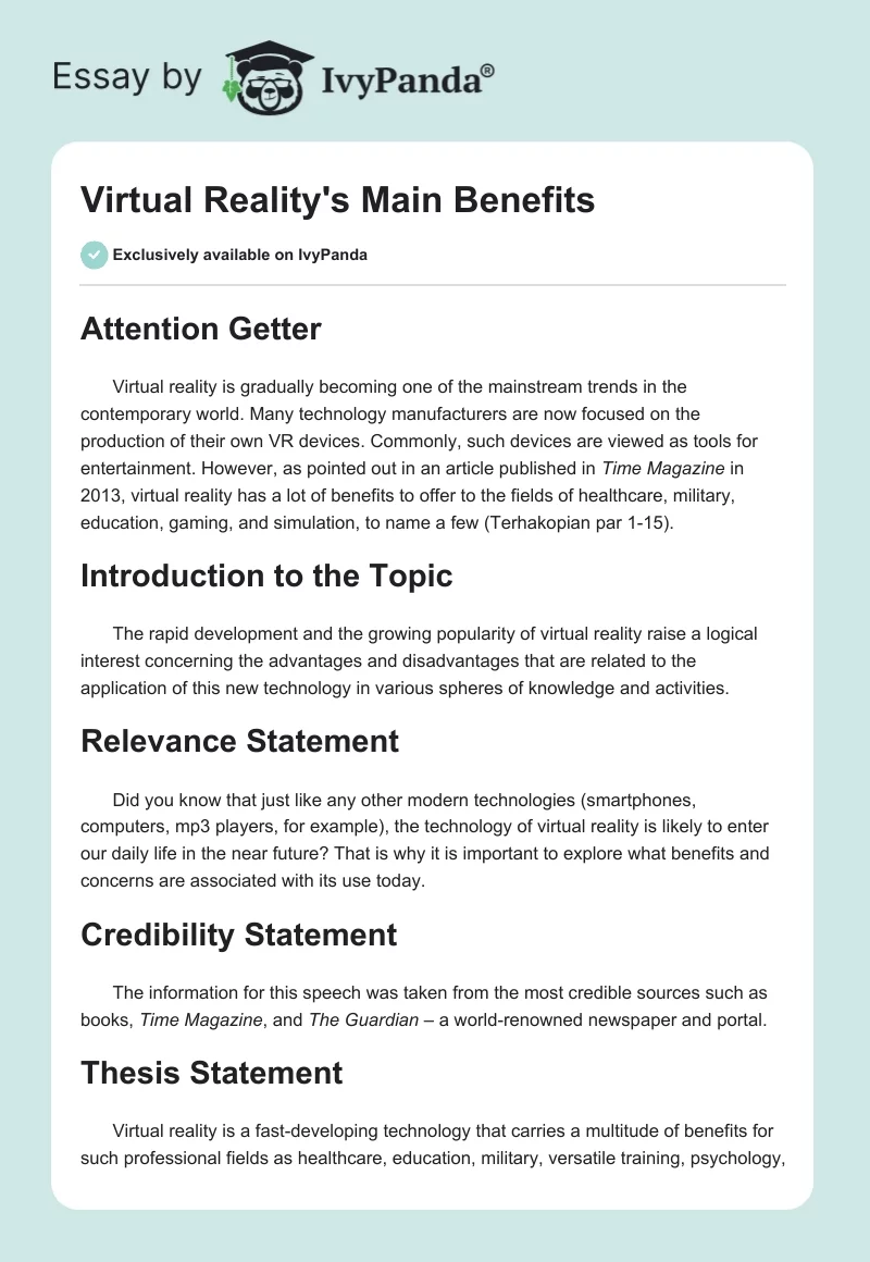 Virtual Reality's Main Benefits. Page 1