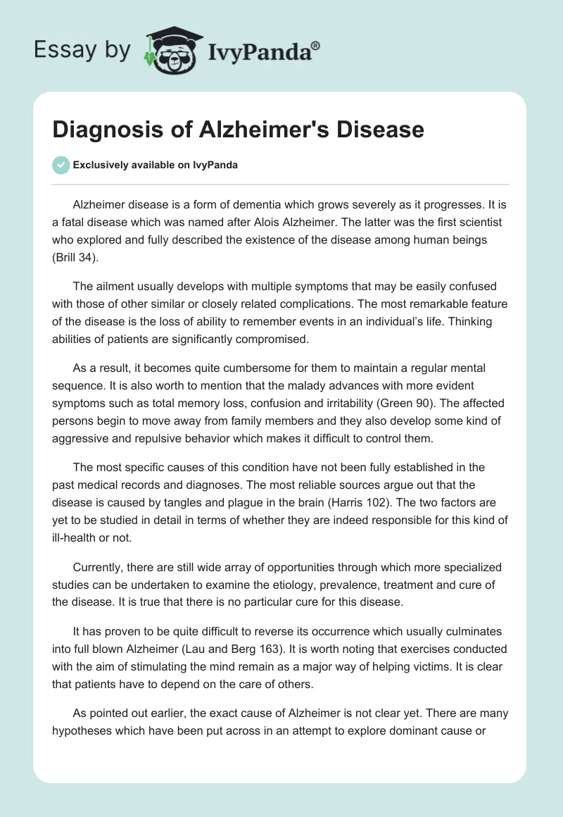 Diagnosis of Alzheimer's Disease. Page 1