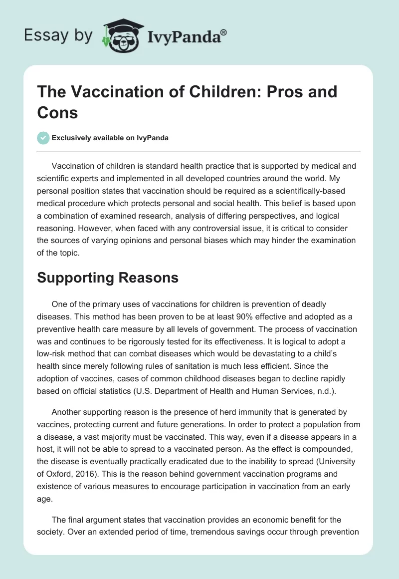 The Vaccination of Children: Pros and Cons. Page 1