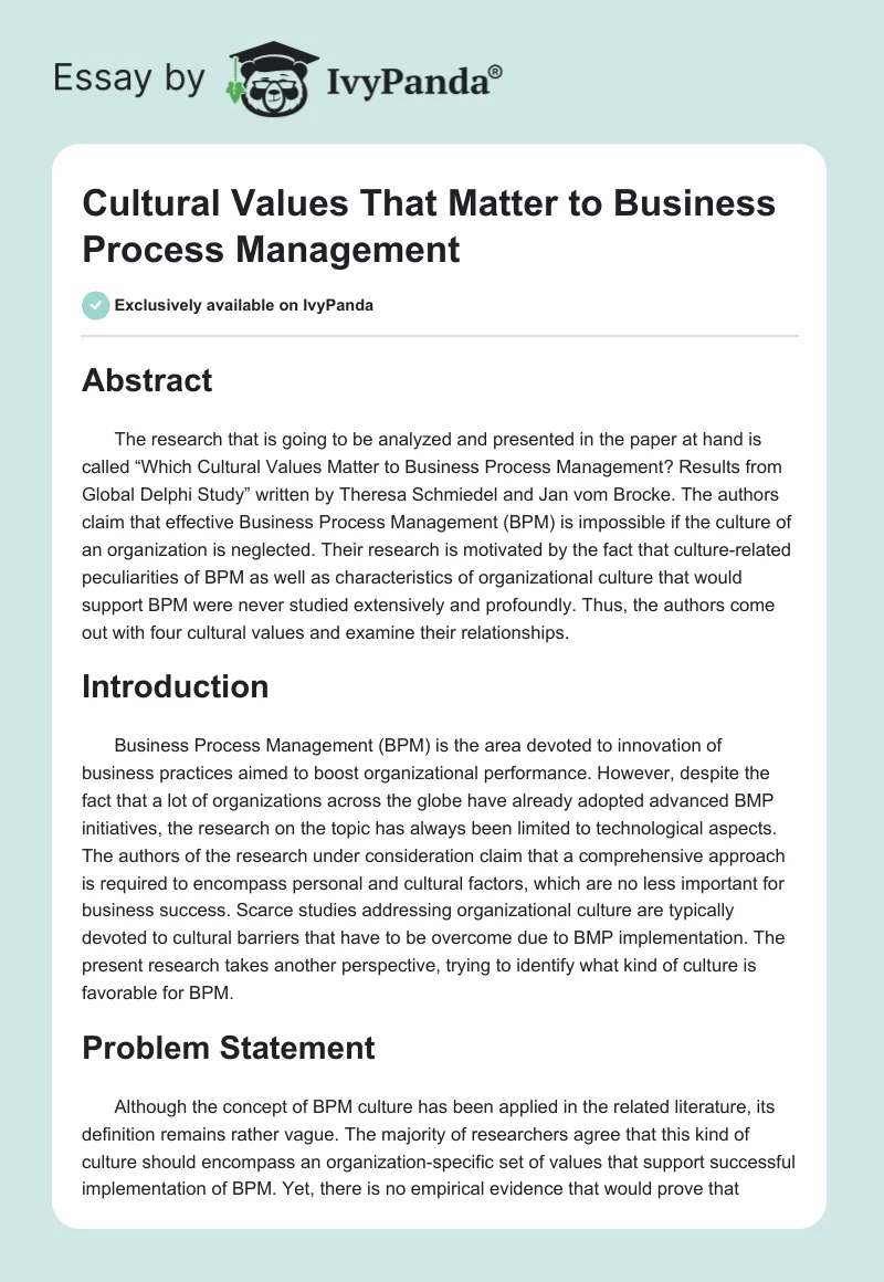 Cultural Values That Matter to Business Process Management. Page 1