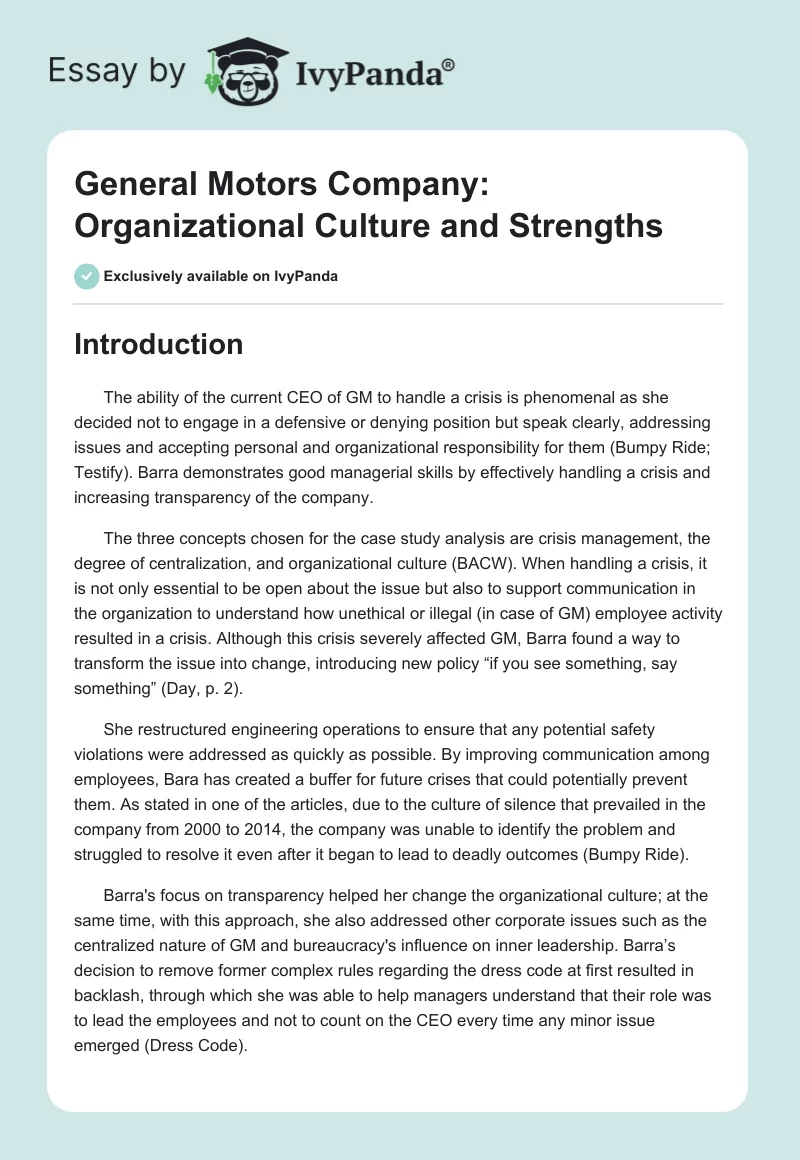 General Motors Company: Organizational Culture and Strengths. Page 1