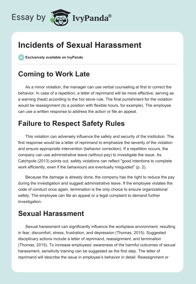 Incidents of Sexual Harassment. Page 1