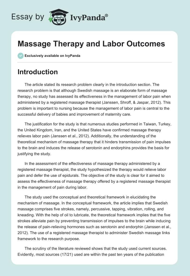Massage Therapy and Labor Outcomes. Page 1