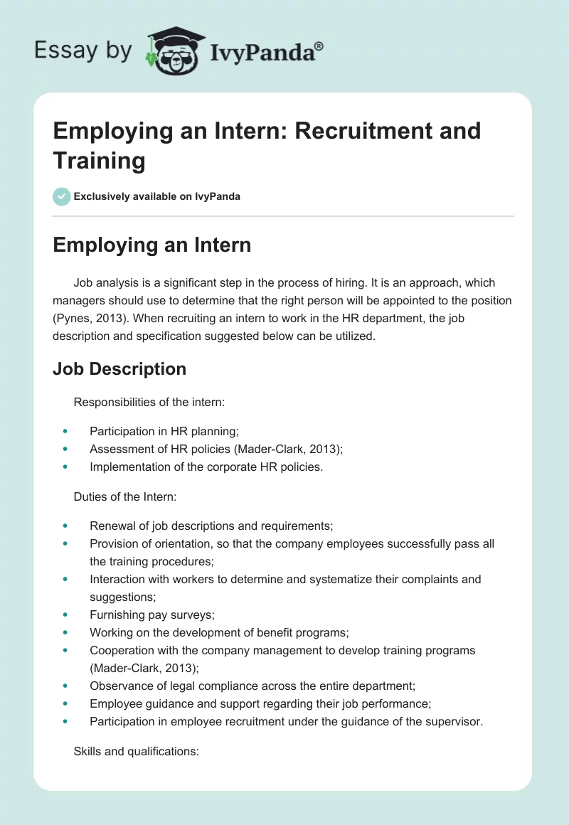 Employing an Intern: Recruitment and Training. Page 1