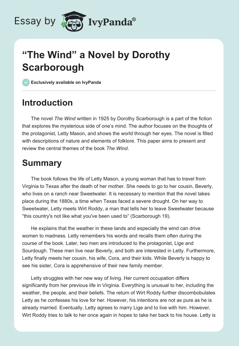 “The Wind” a Novel by Dorothy Scarborough. Page 1