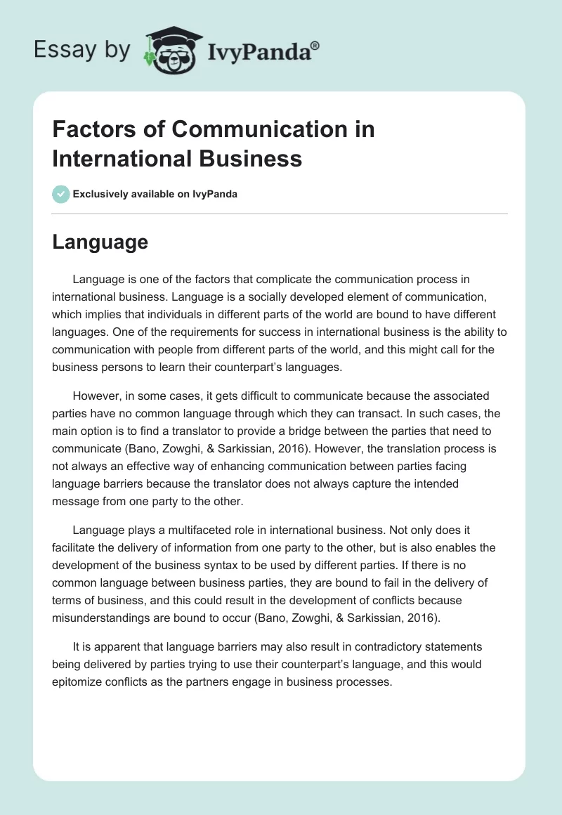 Factors of Communication in International Business. Page 1