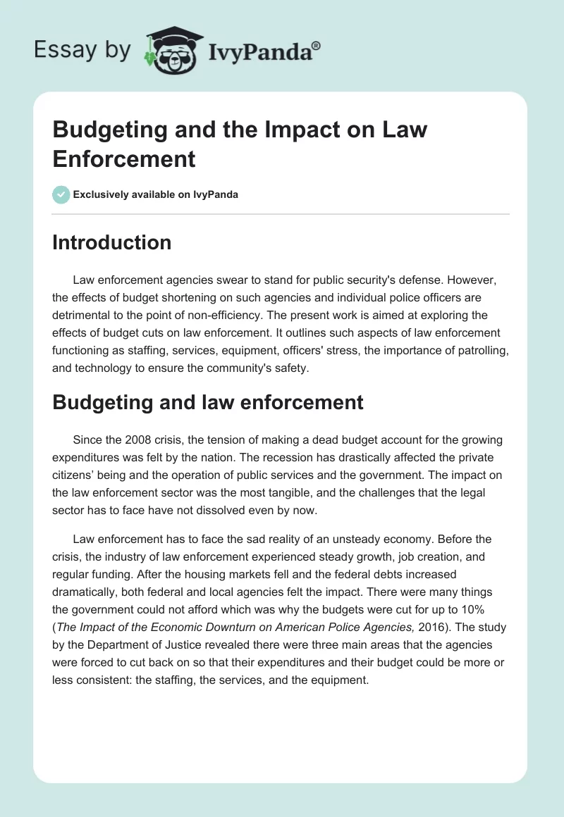 Budgeting and the Impact on Law Enforcement. Page 1