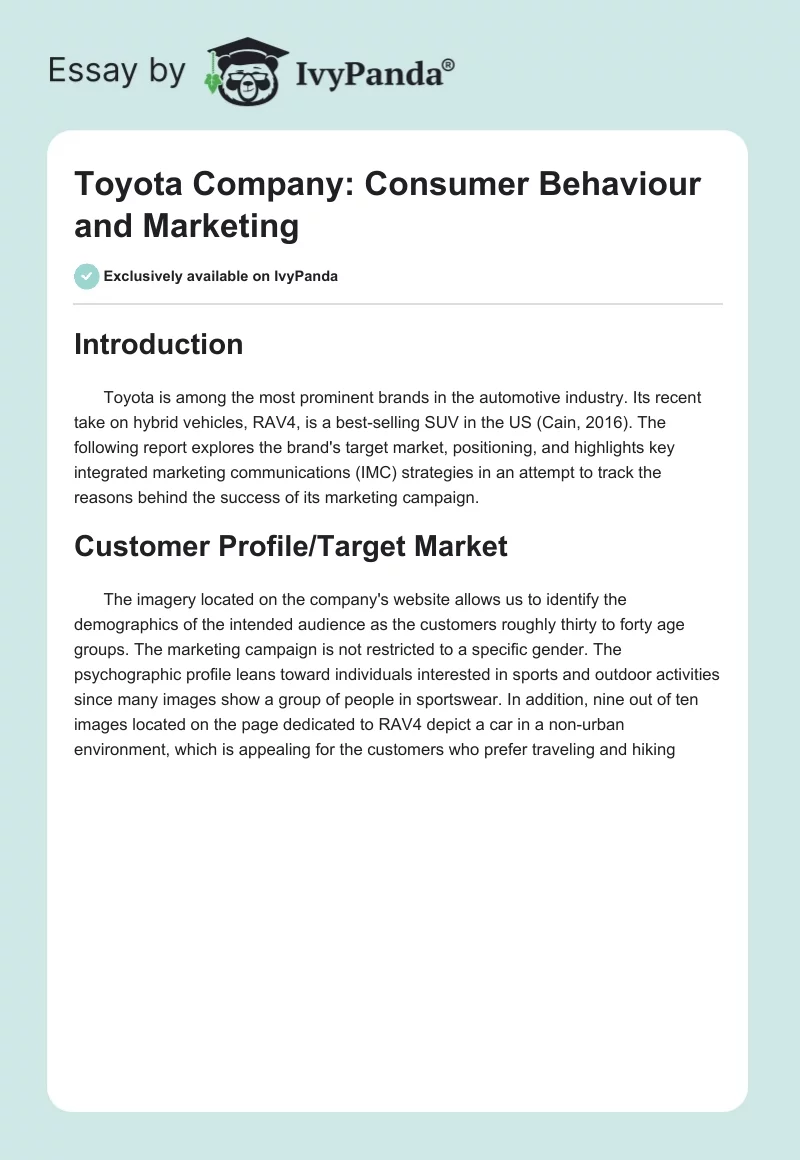 Toyota Company: Consumer Behaviour and Marketing. Page 1