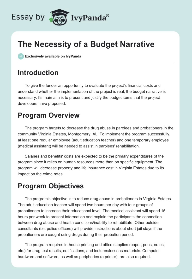 The Necessity of a Budget Narrative - 941 Words | Essay Example