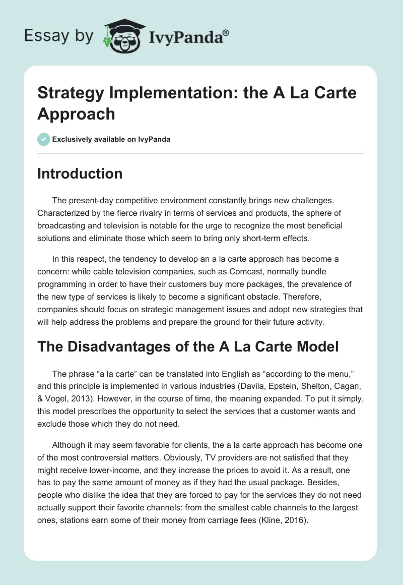 Strategy Implementation: the A La Carte Approach. Page 1
