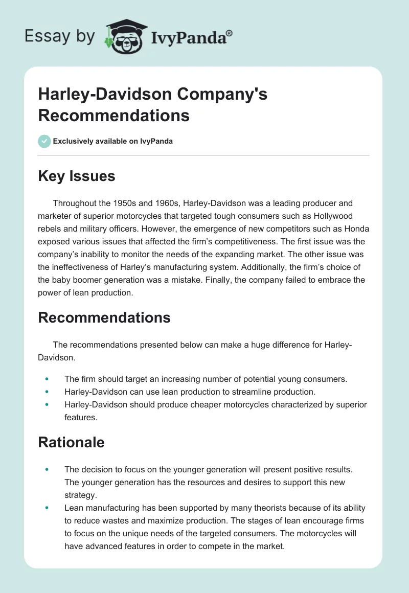 Harley-Davidson Company's Recommendations. Page 1