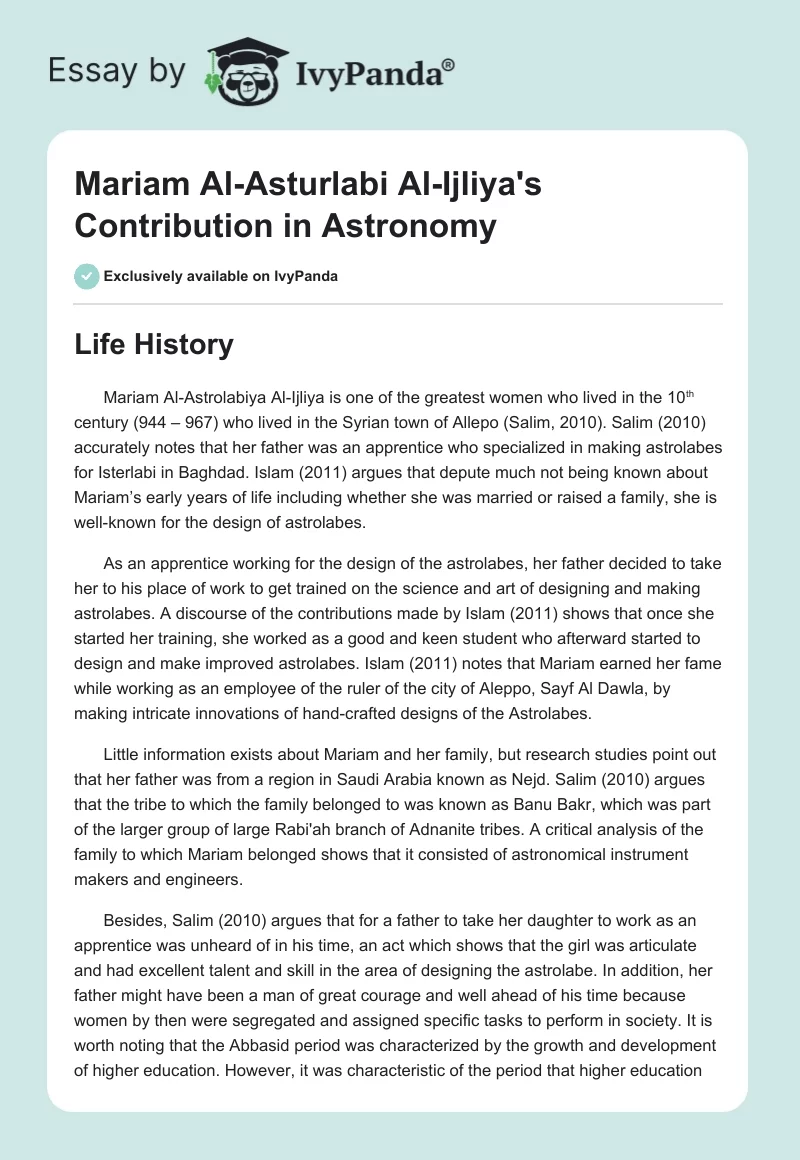 Mariam Al-Asturlabi Al-Ijliya's Contribution in Astronomy. Page 1