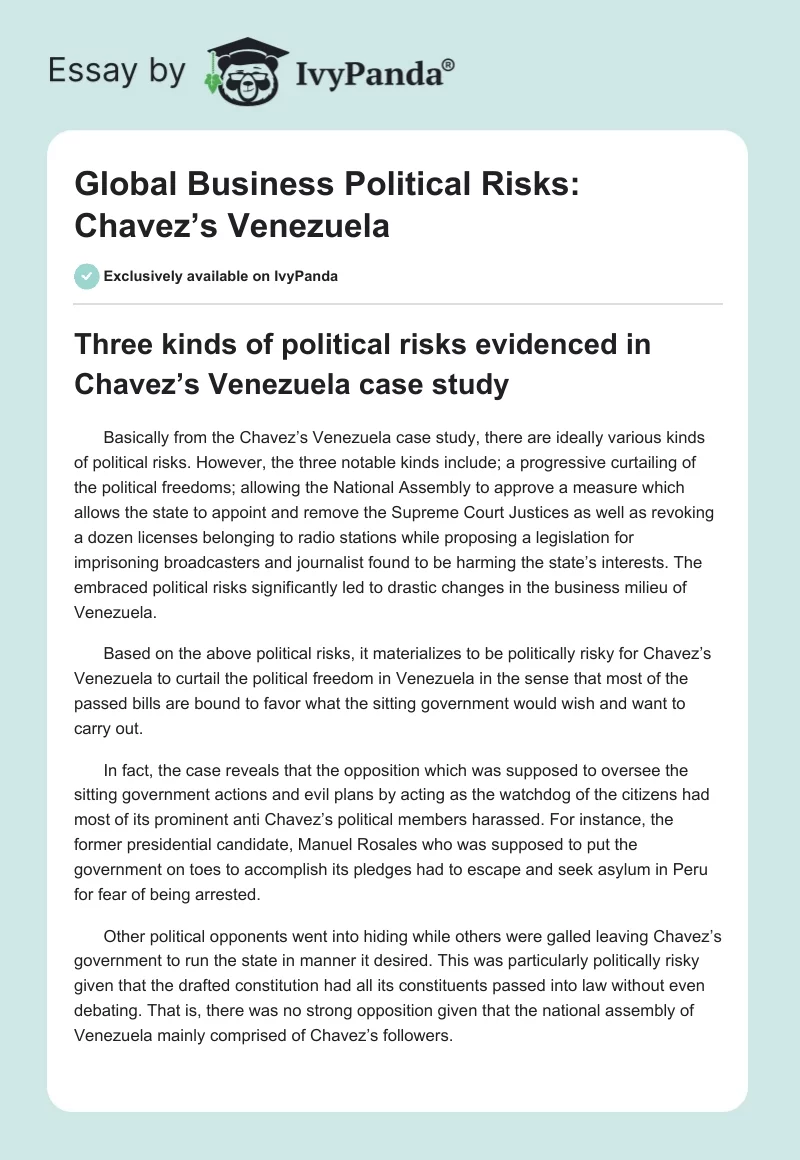 Global Business Political Risks: Chavez’s Venezuela. Page 1