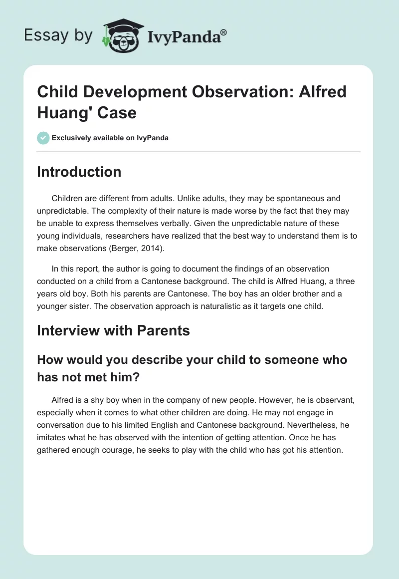 Child Development Observation: Alfred Huang' Case. Page 1