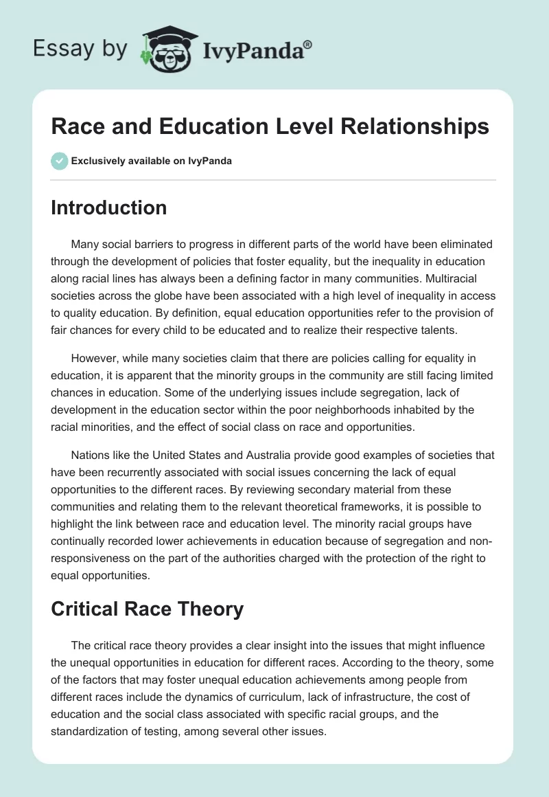 Race and Education Level Relationships. Page 1
