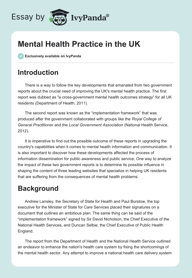 Mental Health Practice in the UK. Page 1