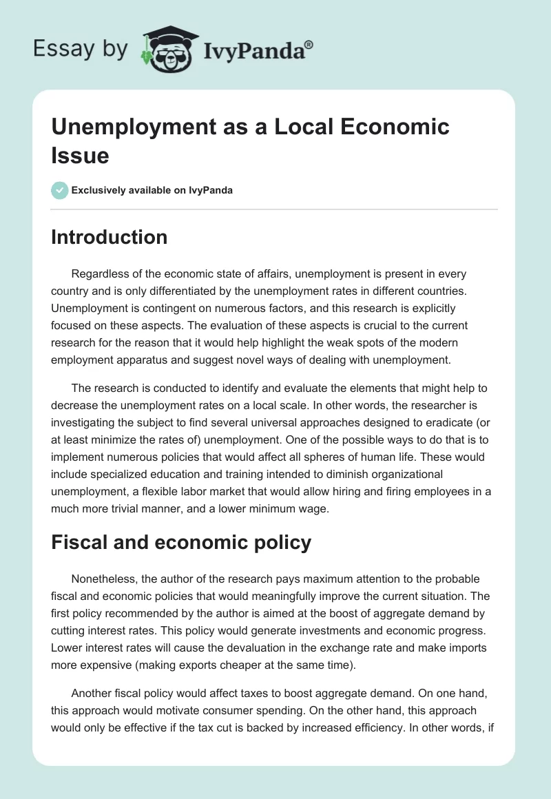 Unemployment as a Local Economic Issue. Page 1