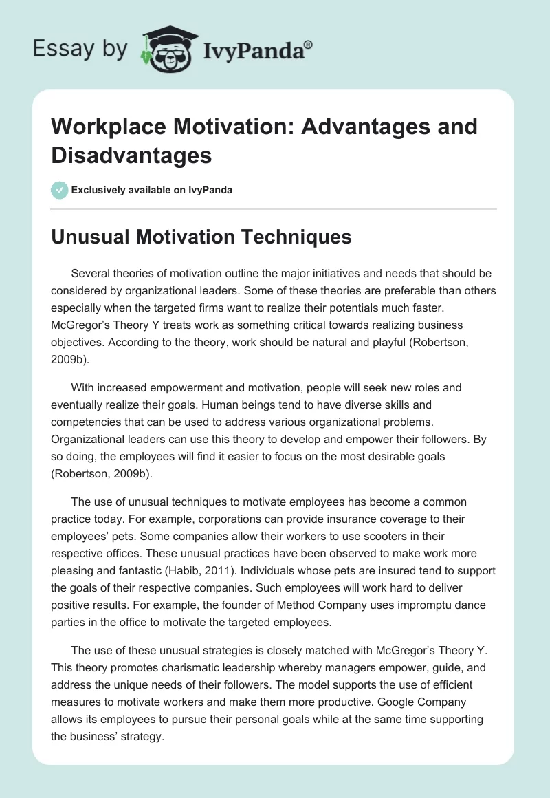 Workplace Motivation: Advantages and Disadvantages. Page 1