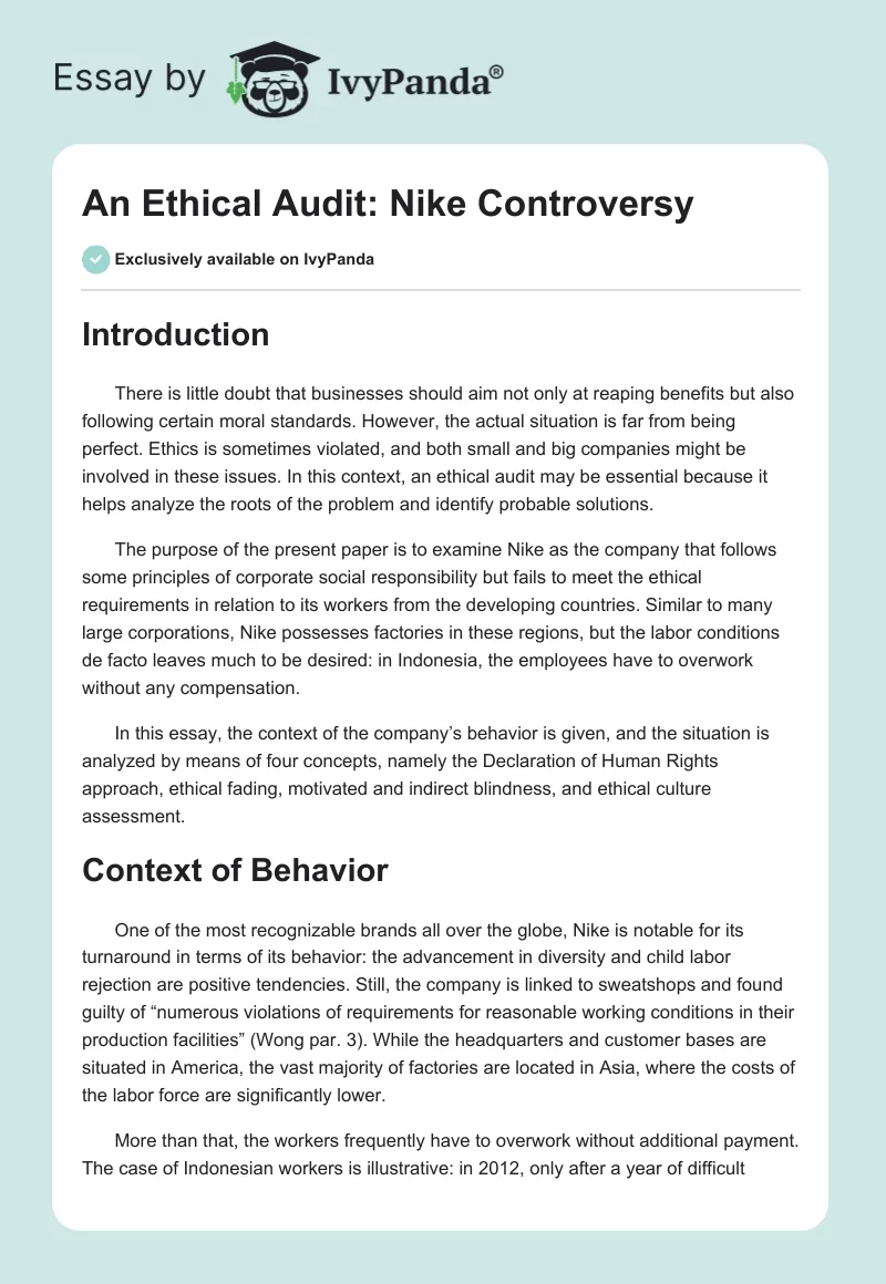 An Ethical Audit: Nike Controversy. Page 1