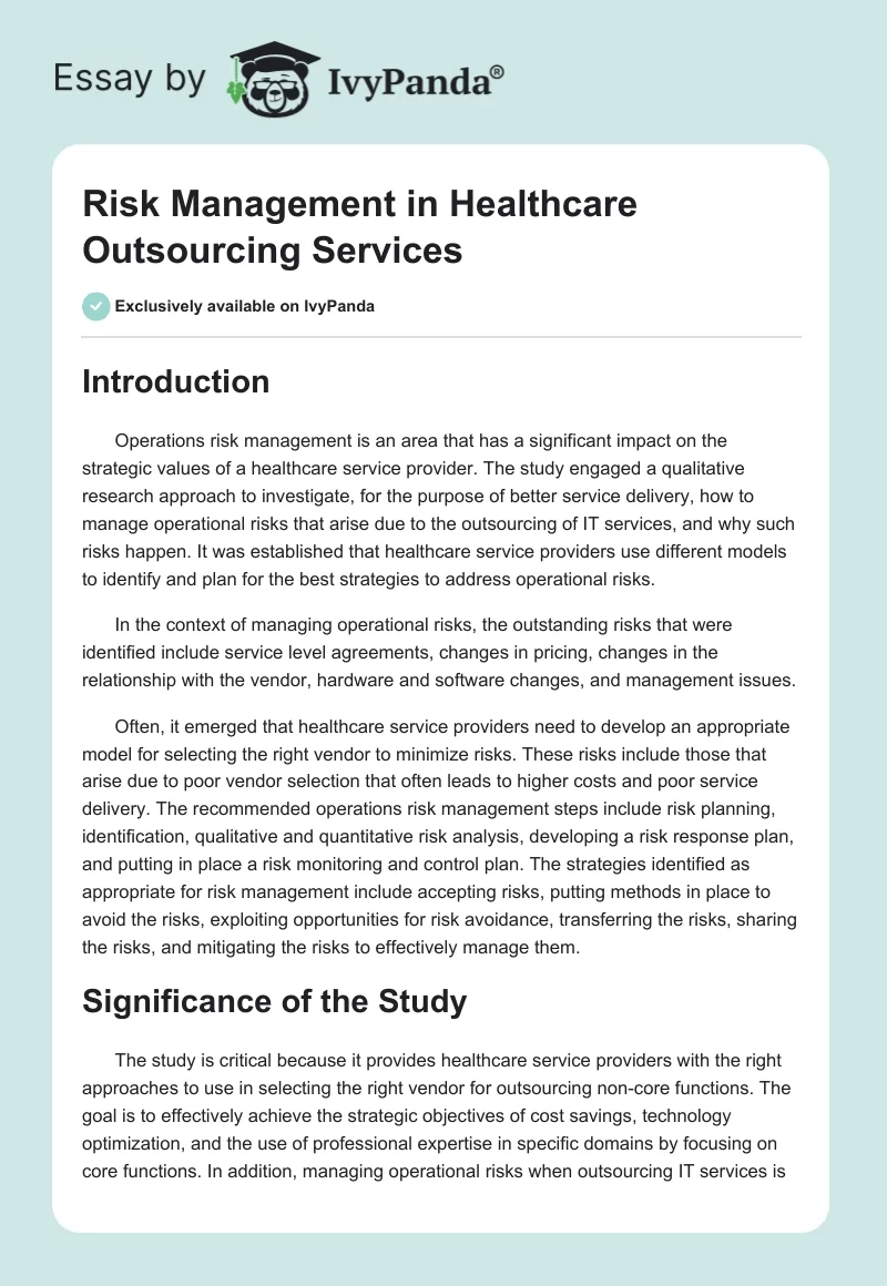 Risk Management in Healthcare Outsourcing Services. Page 1