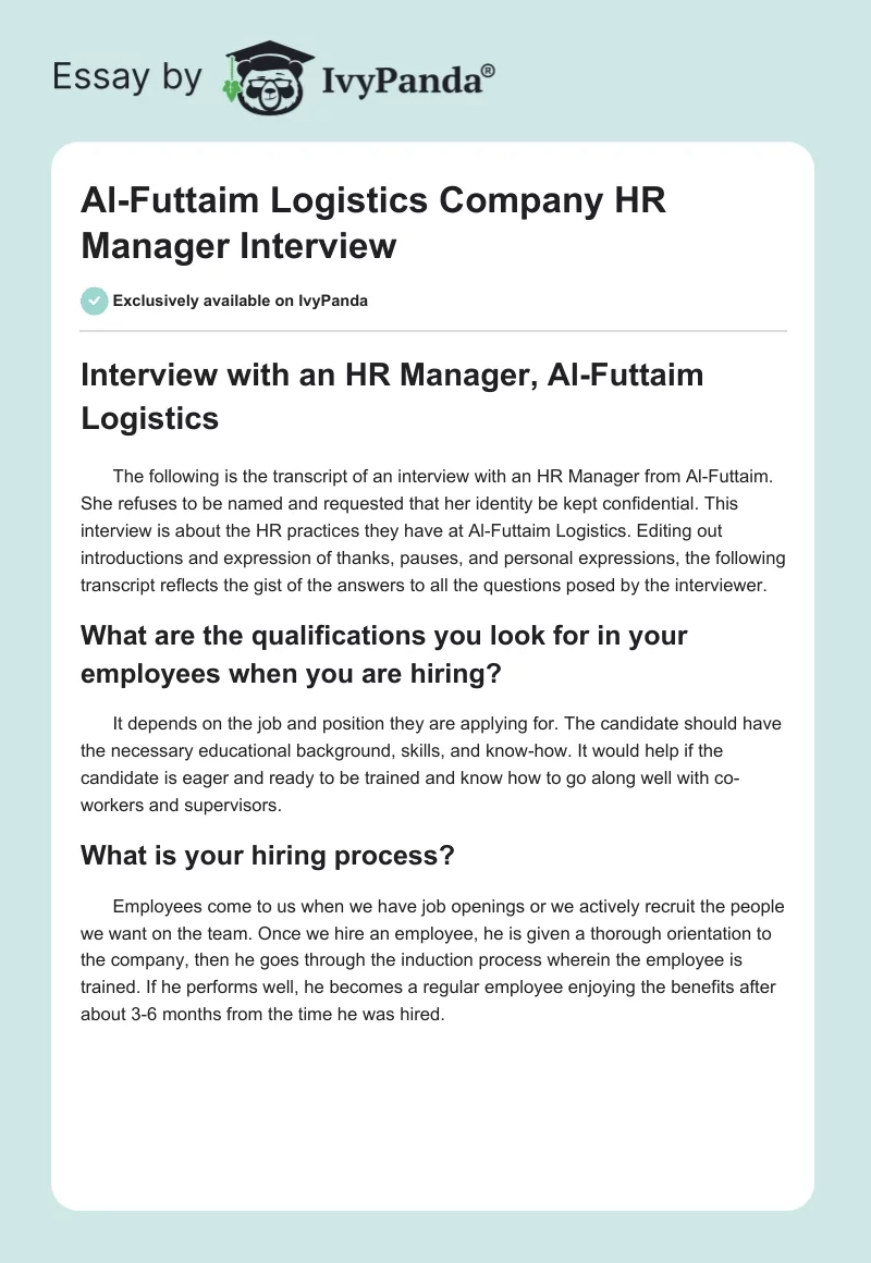 Al-Futtaim Logistics Company HR Manager Interview. Page 1