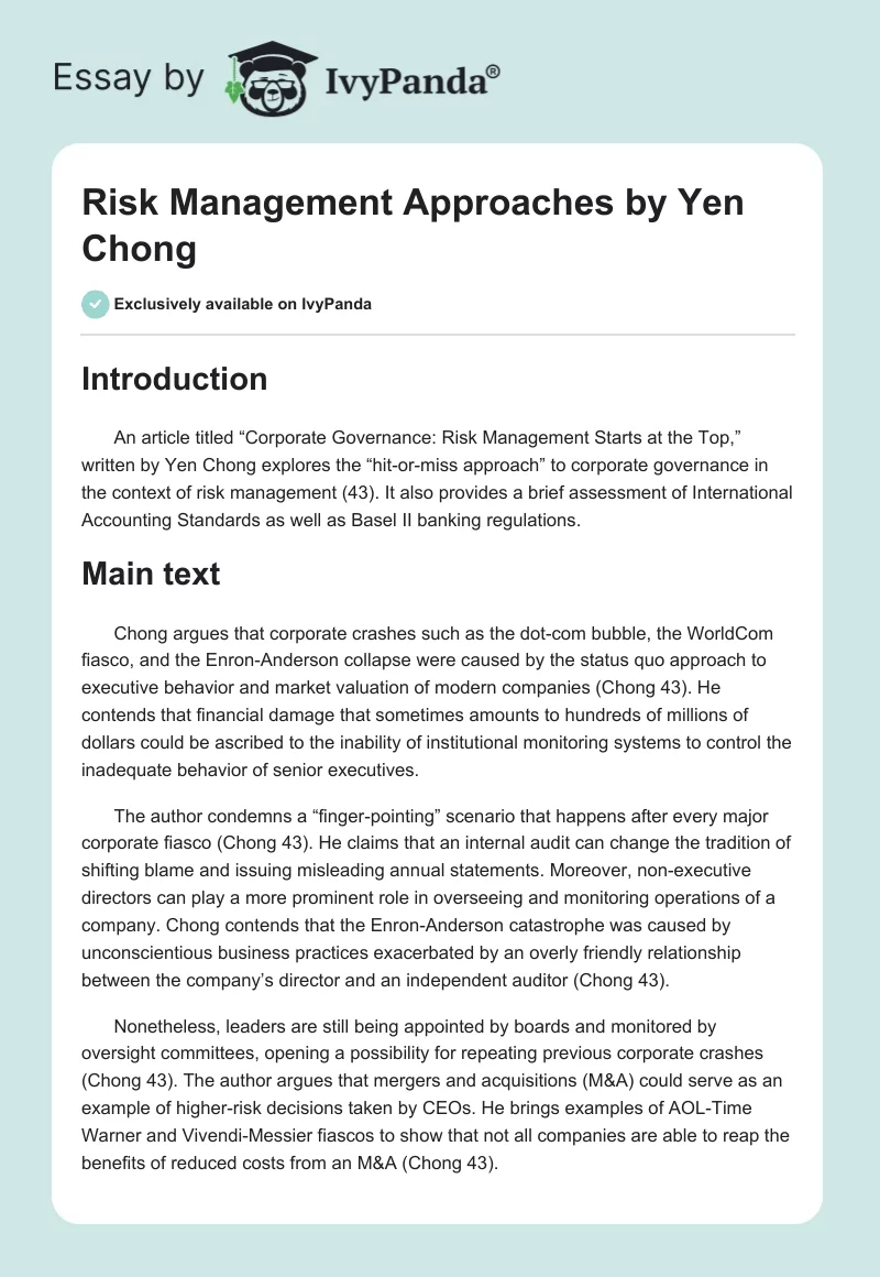 Risk Management Approaches by Yen Chong. Page 1