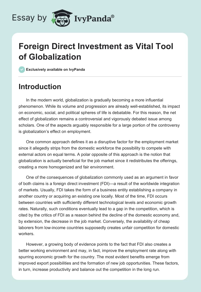 Foreign Direct Investment as Vital Tool of Globalization. Page 1