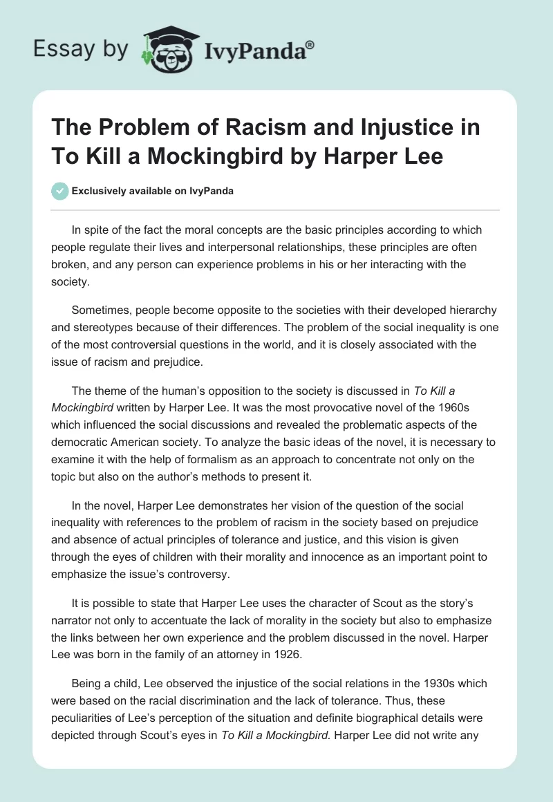 The Problem of Racism and Injustice in To Kill a Mockingbird by Harper Lee. Page 1