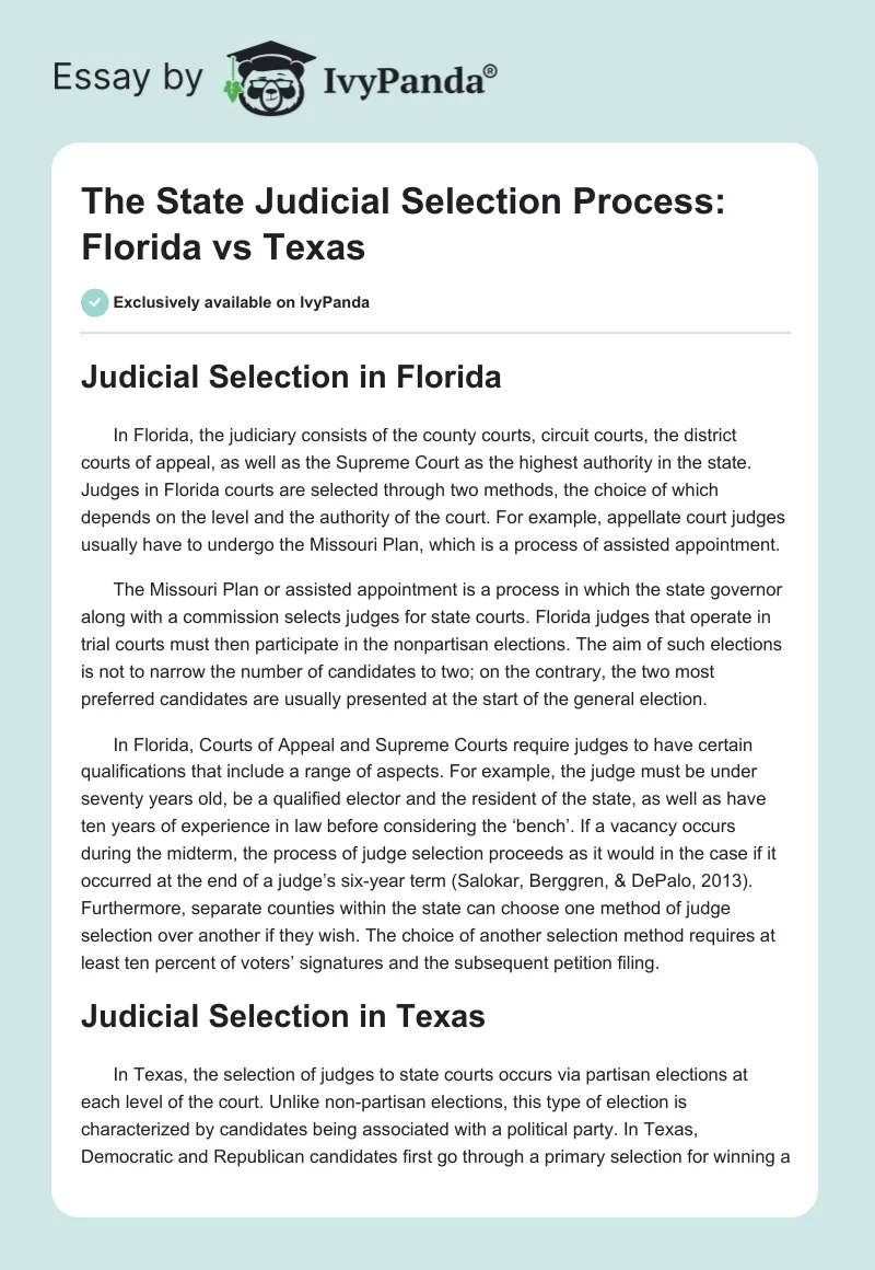 The State Judicial Selection Process: Florida vs Texas. Page 1