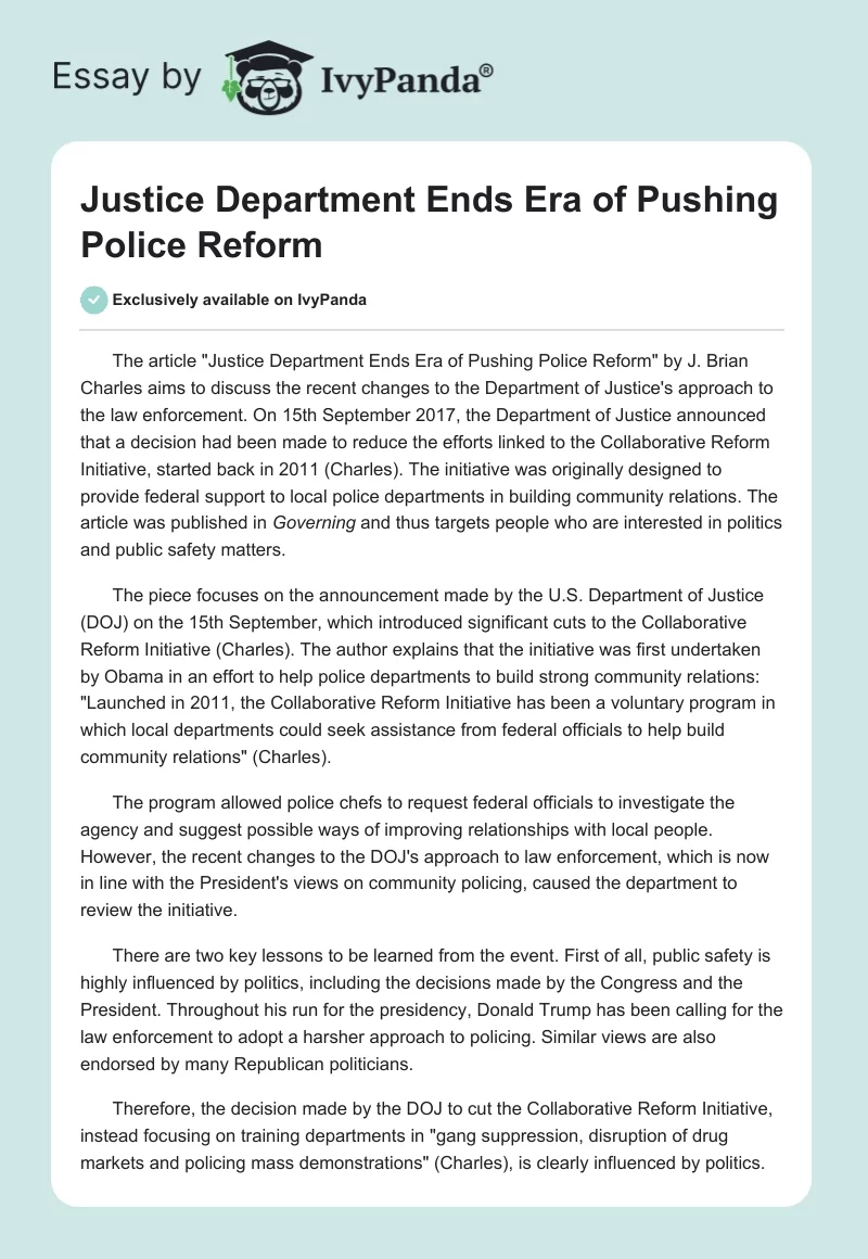 Justice Department Ends Era of Pushing Police Reform. Page 1
