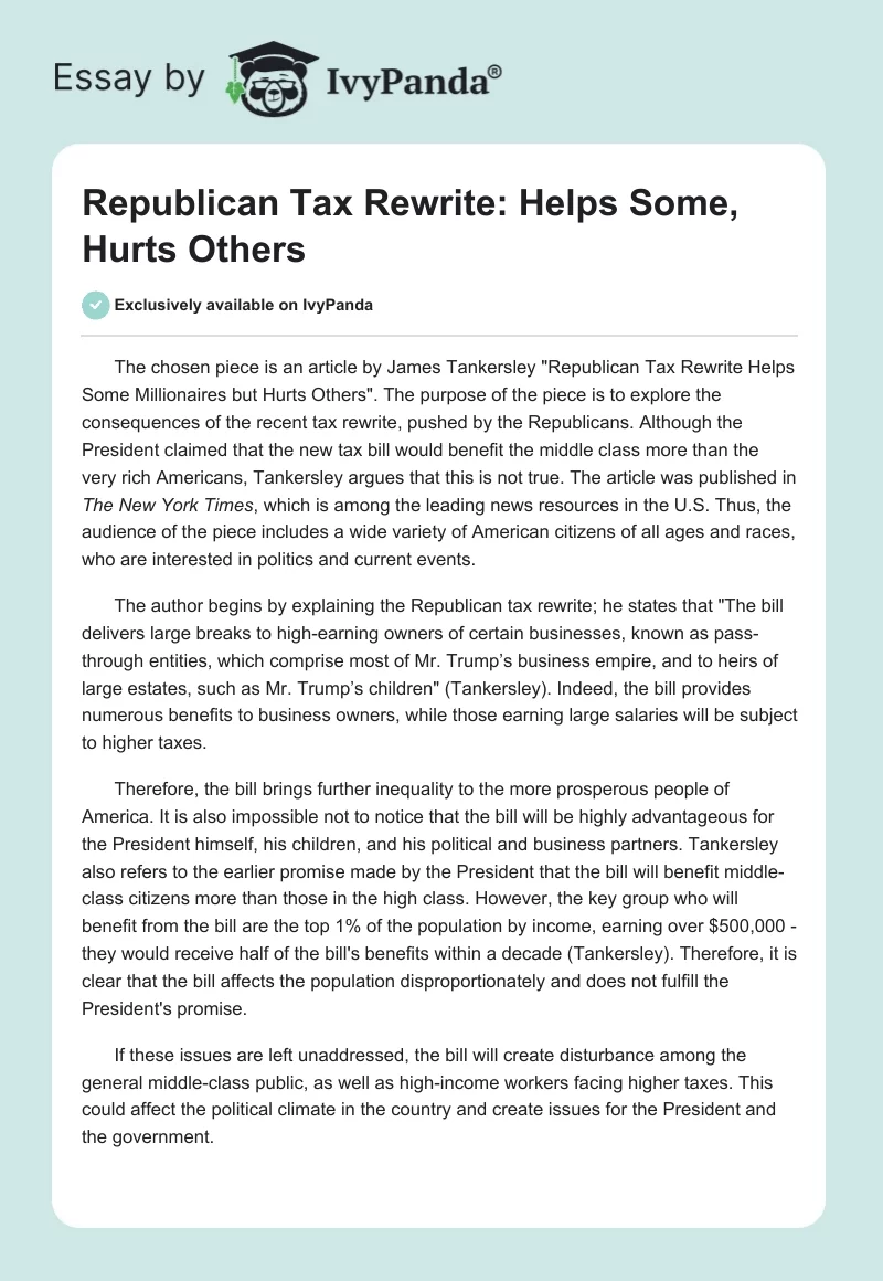 Republican Tax Rewrite: Helps Some, Hurts Others. Page 1