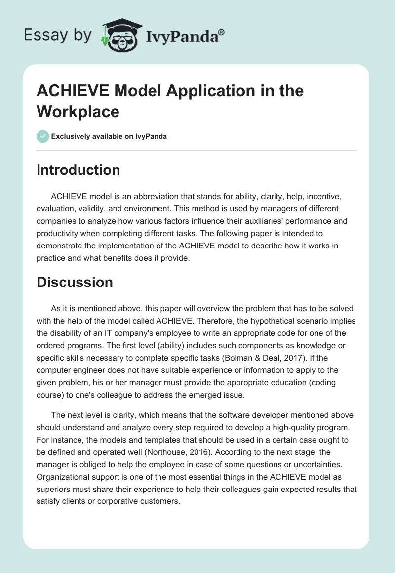 ACHIEVE Model Application in the Workplace. Page 1