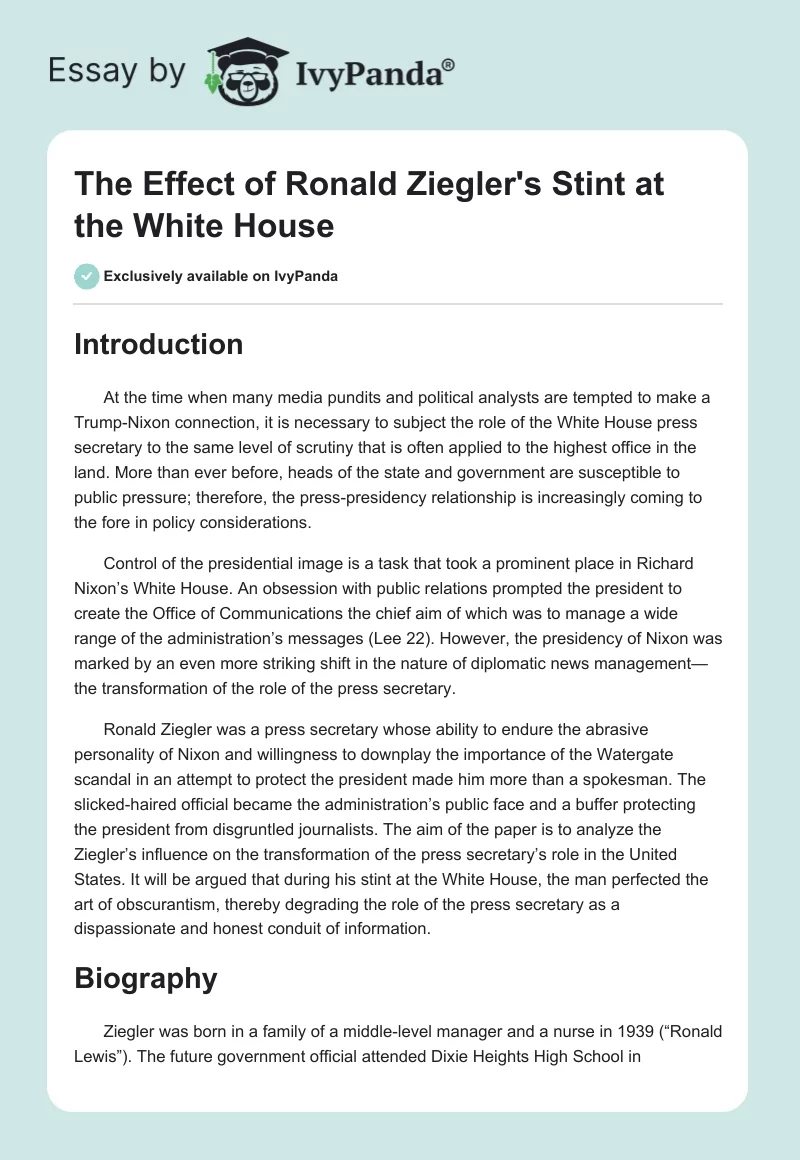 The Effect of Ronald Ziegler's Stint at the White House. Page 1