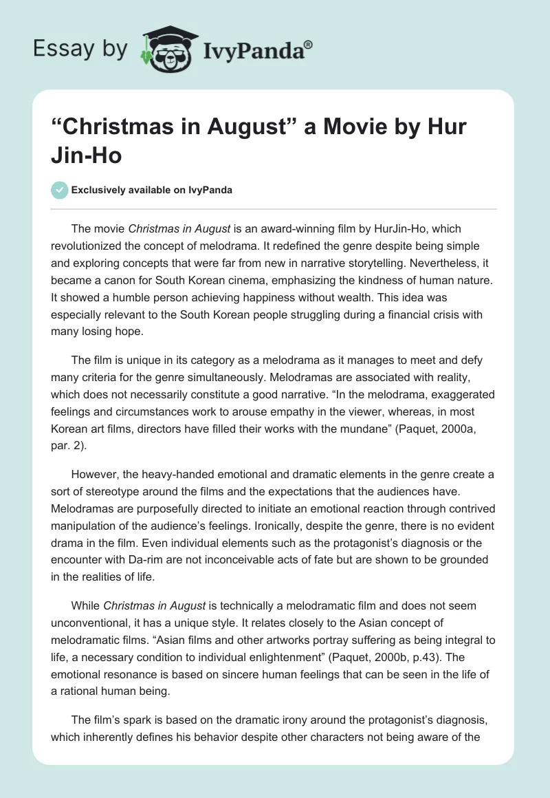 “Christmas in August” a Movie by Hur Jin-Ho. Page 1