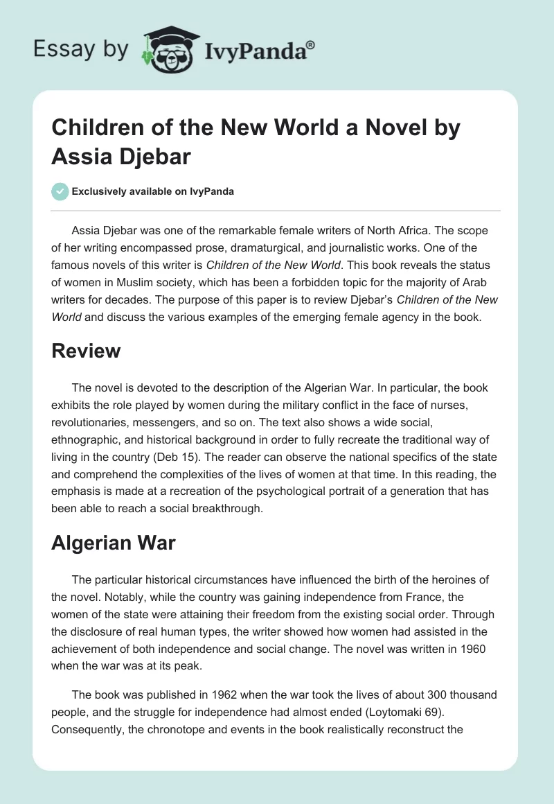 "Children of the New World" a Novel by Assia Djebar. Page 1