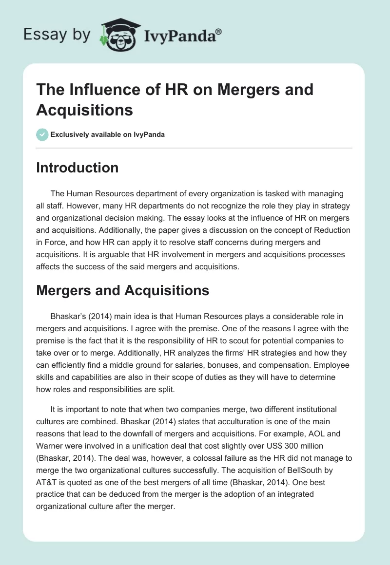 The Influence of HR on Mergers and Acquisitions. Page 1